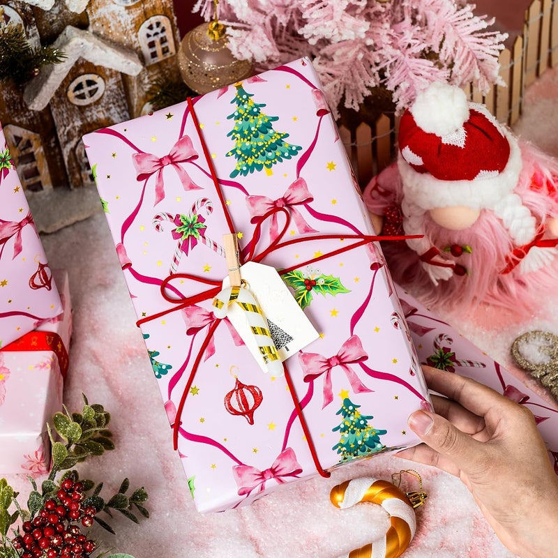 Yarcony Reversible Pink Christmas Wrapping Paper Roll, Girly Bows Wrapping Paper, Pink and Green Coquette Bows Christmas Gift Wrap for Holiday, Girls Birthday, Party (Mini Roll, 17 Inch X 33 Feet) - Image 2